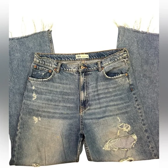 Zara Relaxed Fit Wide Leg Distressed Jeans Light Blue Euro 44 US 12 - Picture 6 of 6